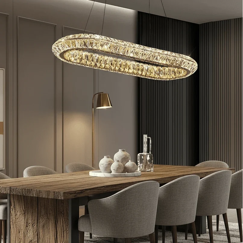Bacci 47-inch linear crystal dining chandelier on steel