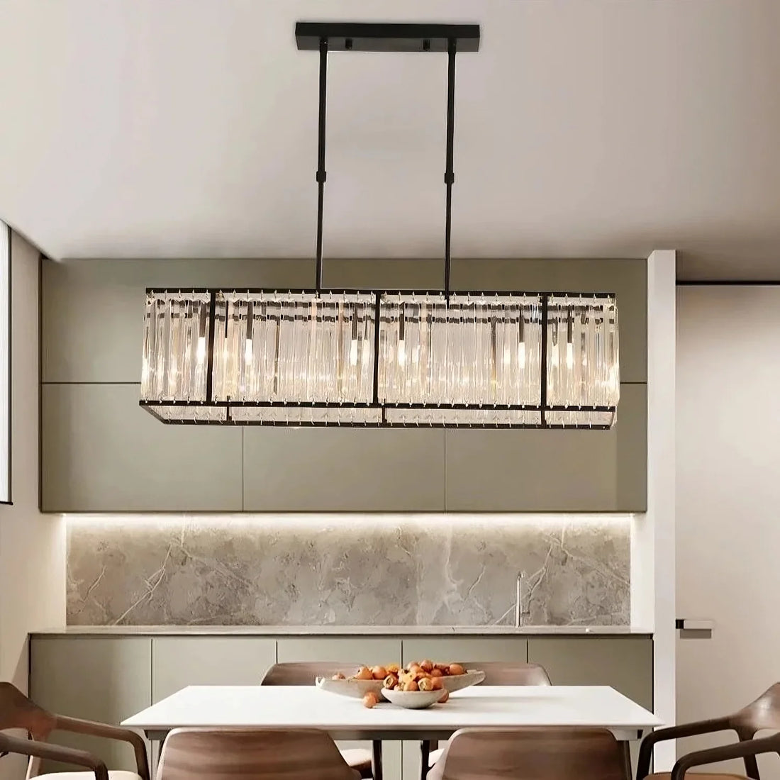Botega crystal dining chandelier on black steel over a table