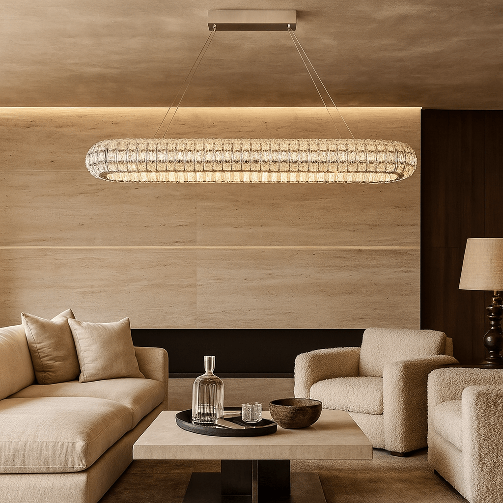 Bacci modern crystal chandelier illuminated over a dining table