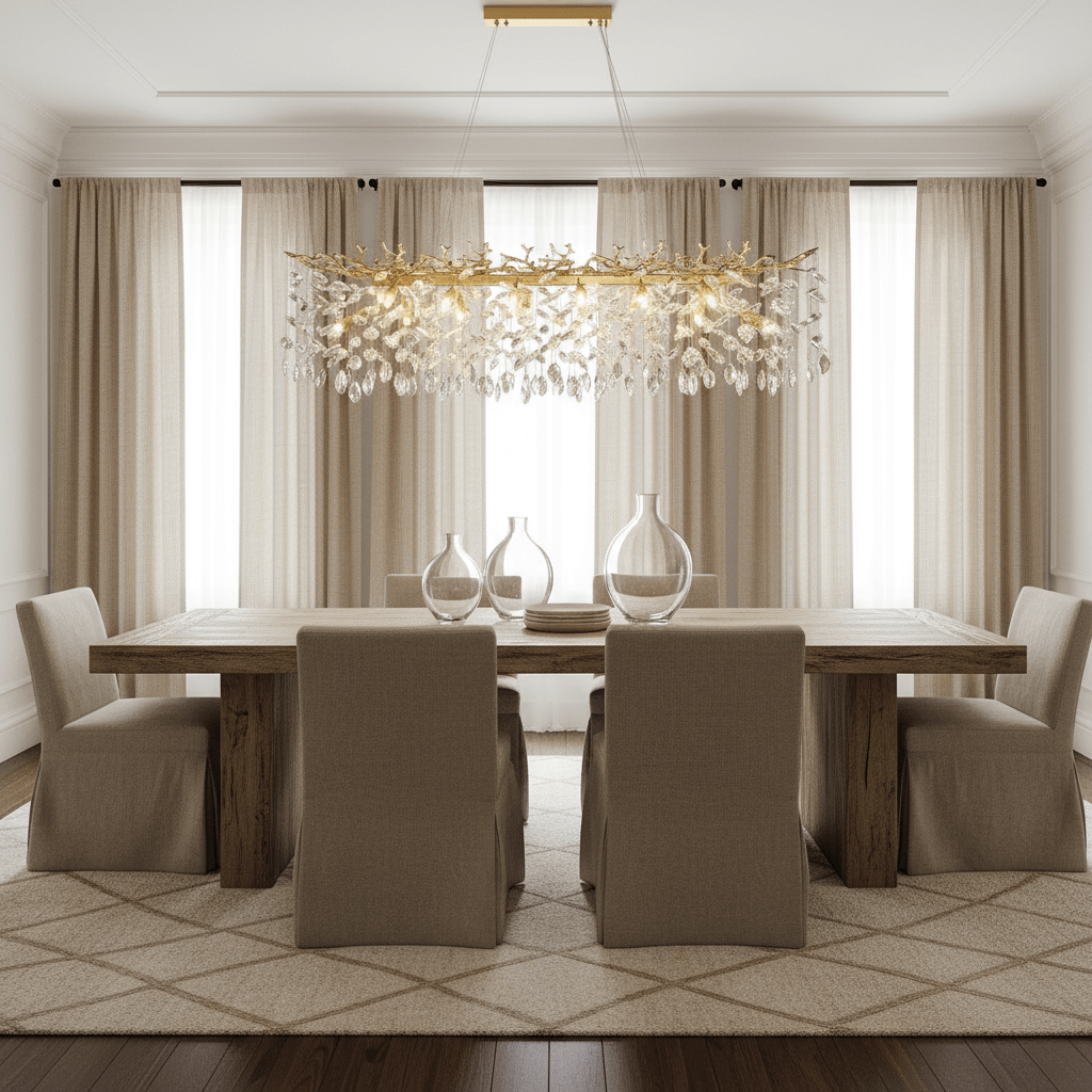 Albero gold crystal dining chandelier over a large dining table