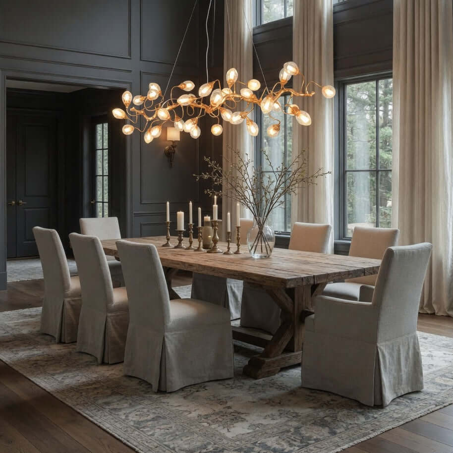 Albero brass branch chandelier over a dining table