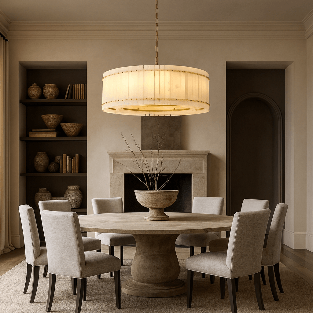 Valmont 31-inch round marble chandelier glowing warm from within