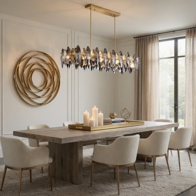 Lazzo crystal dining chandelier illuminated above a table