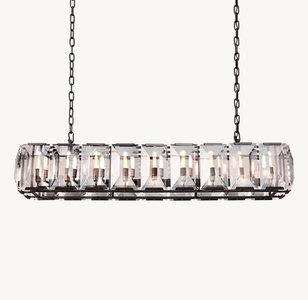 Brookhill crystal rectangular chandelier illuminated