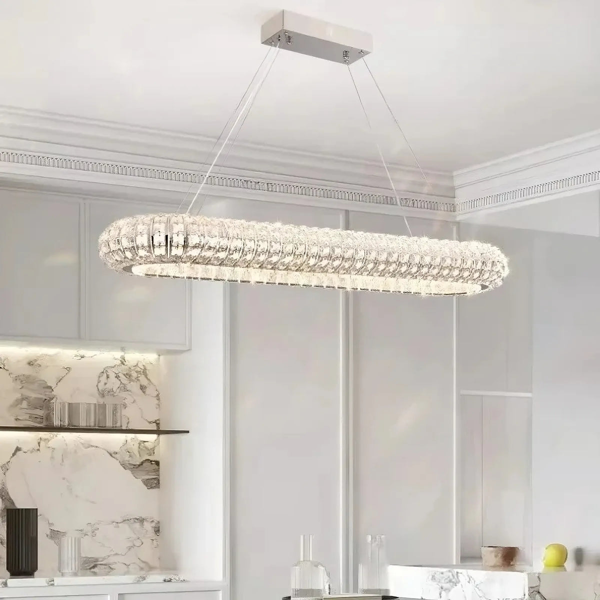 Detail of precision-cut crystal on the Bacci chandelier