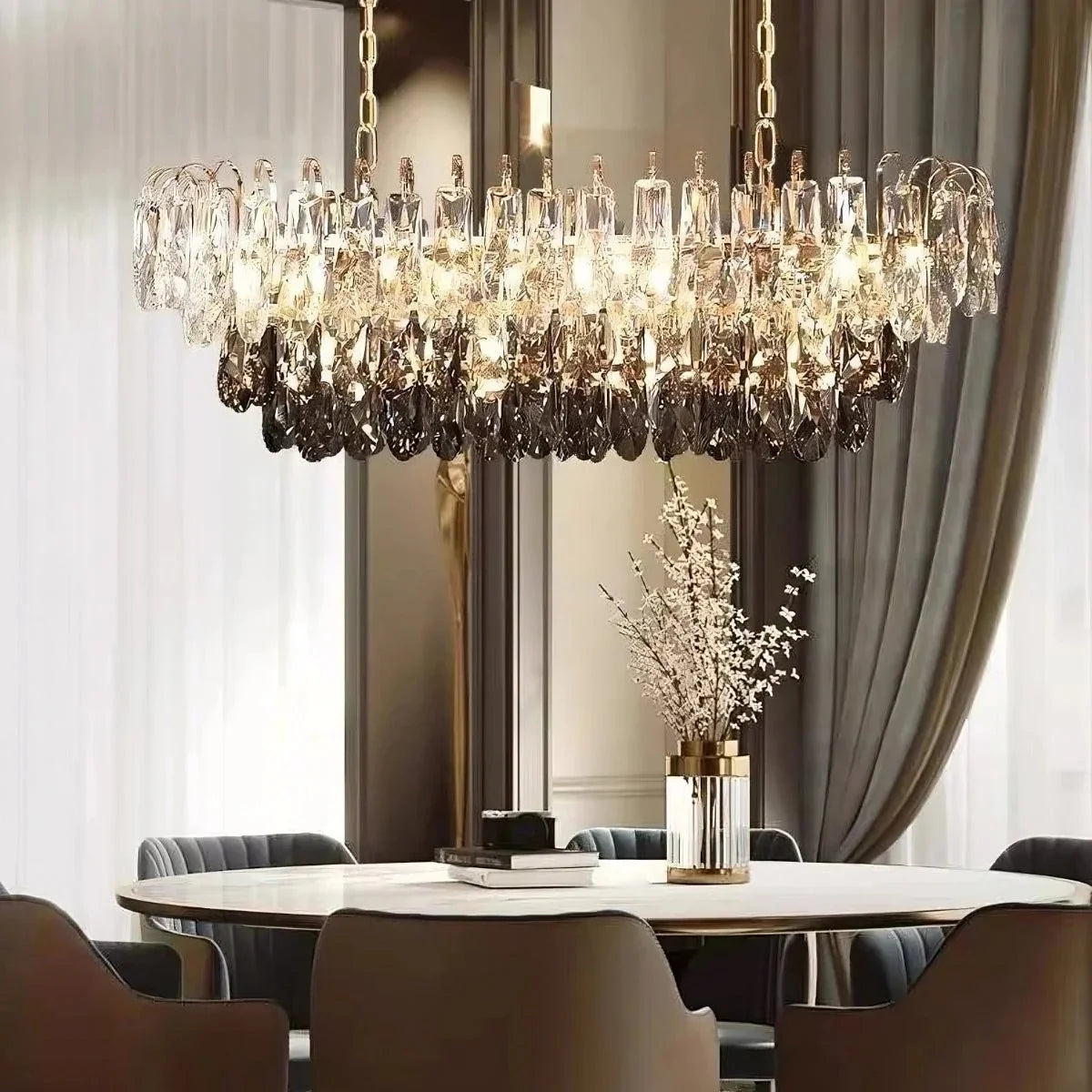 Detail of crystal prisms on the Langford chandelier