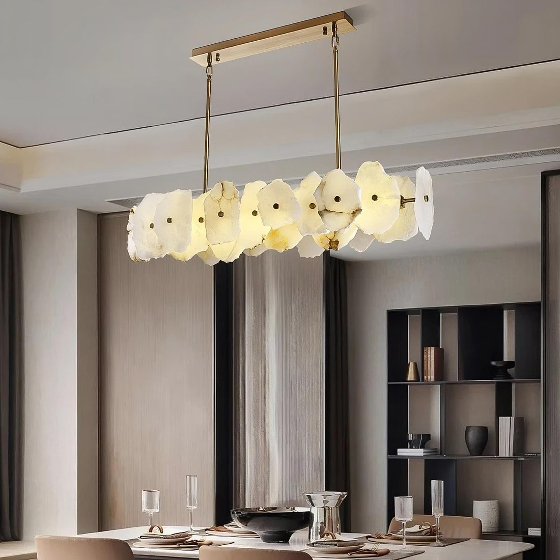 Norham linear marble chandelier in natural stone and copper