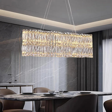 Bacci 39-inch linear crystal dining chandelier over a table