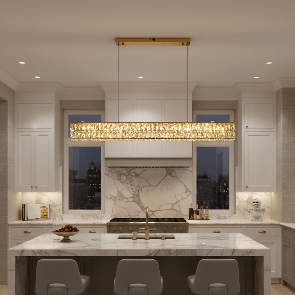 Bacci gold crystal linear dining chandelier over a long table