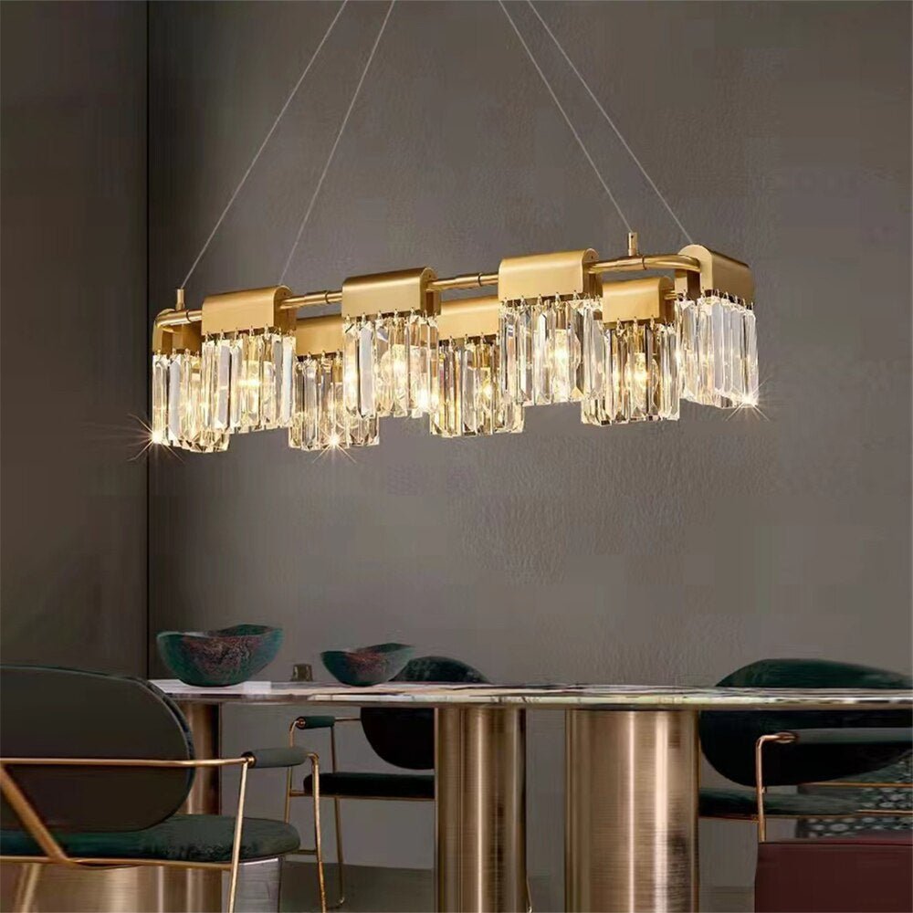 Gio modern linear crystal dining chandelier on a slim bar