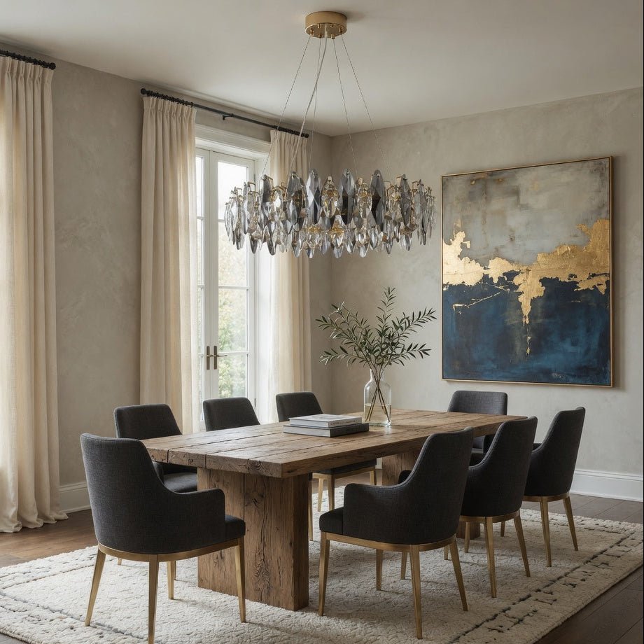 Detail of leaf-shaped clear and smoke crystals on the Lazzo chandelier
