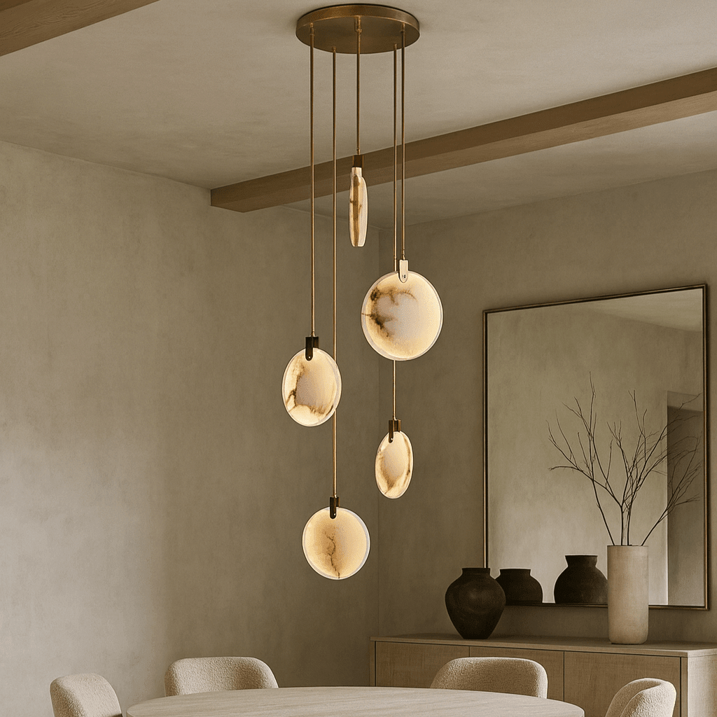 Moonshade cascading marble disc chandelier in an entryway