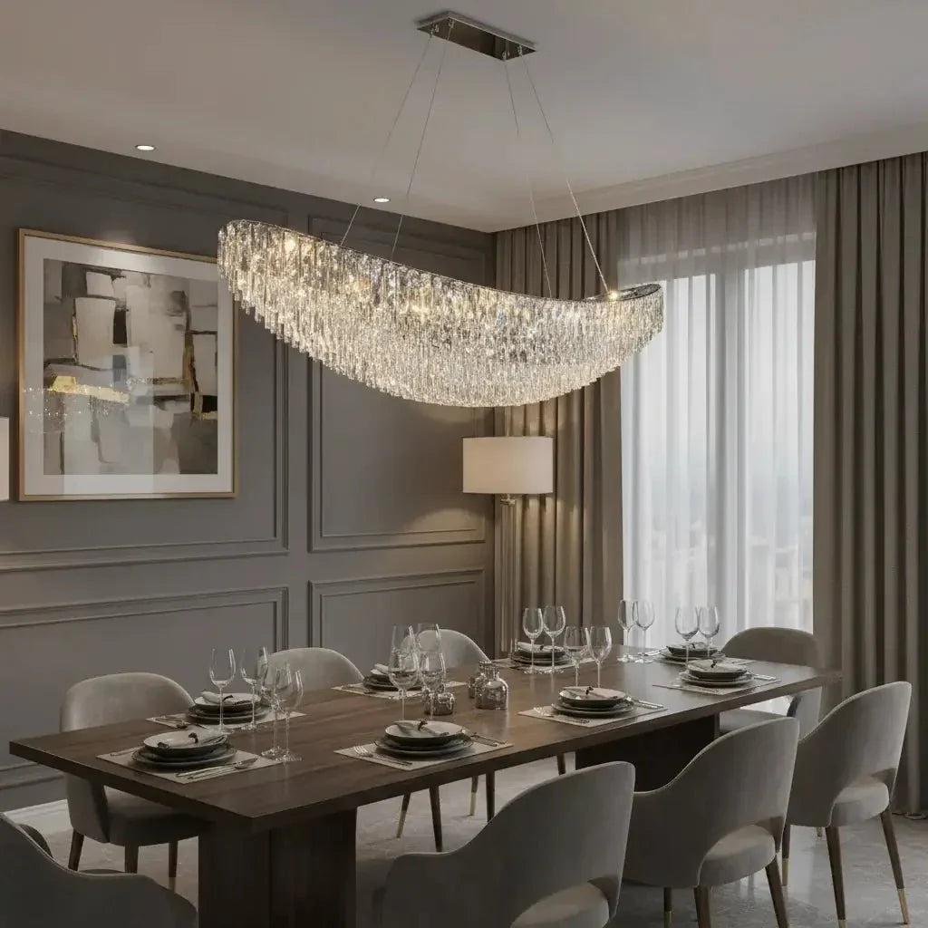 Lunare hand-cut crystal dining chandelier on a steel frame