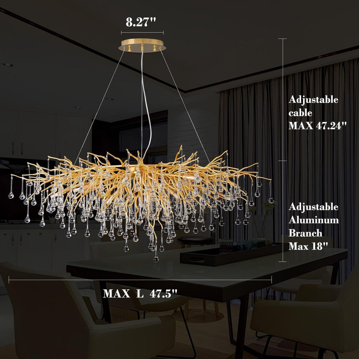 Doris Crystal Rectangular Branch Chandelier L45" - casivra