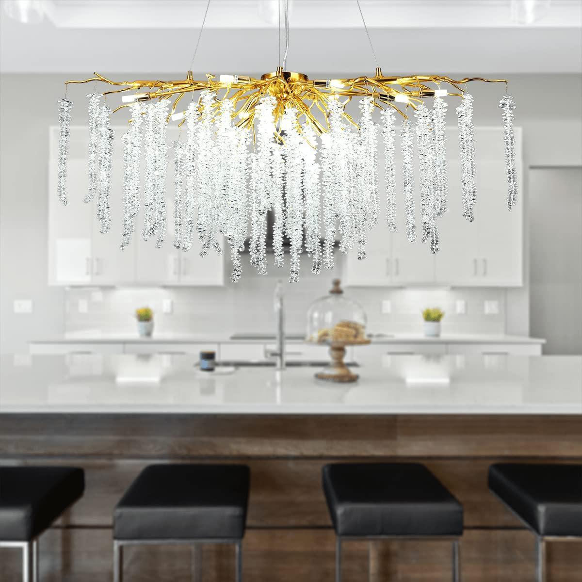 Doris White Crystal Rectangle Branch Chandelier Gold 45"L - casivra