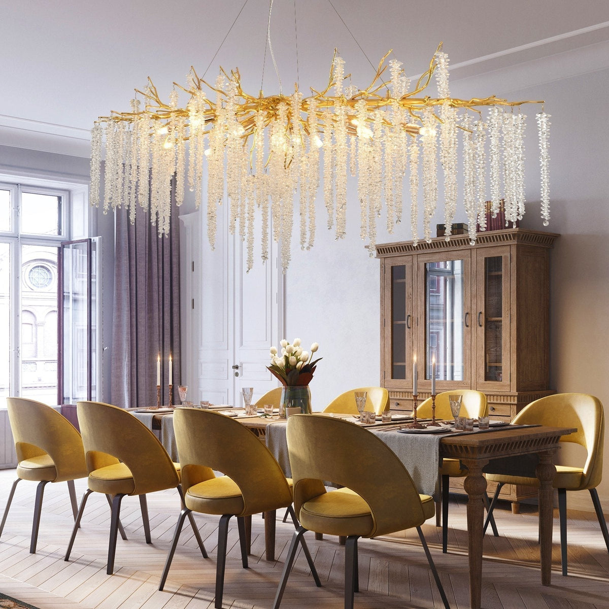 Elegant Crystal Icicle Chandelier in Branch Style for Dining Table Use - Rectangle L55.1"*W19.7"*H15.7"/14 Lights/33.7kgGoldWarm Lightcasivra