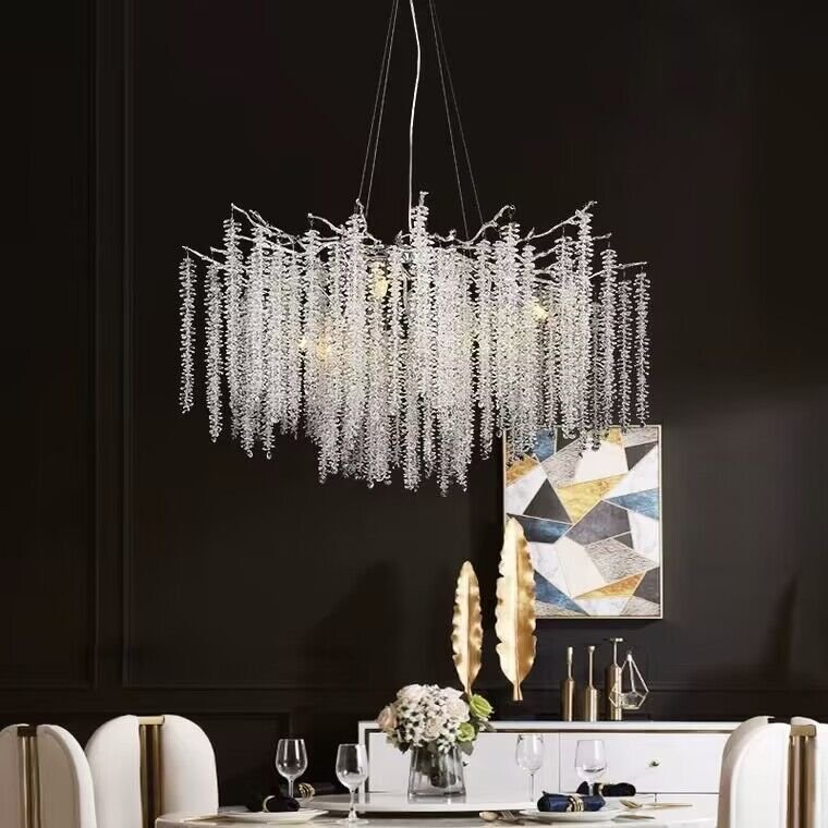 Elegant Crystal Icicle Chandelier in Branch Style for Dining Table Use - Round D23.6"/8 LightsChromeWarm Lightcasivra