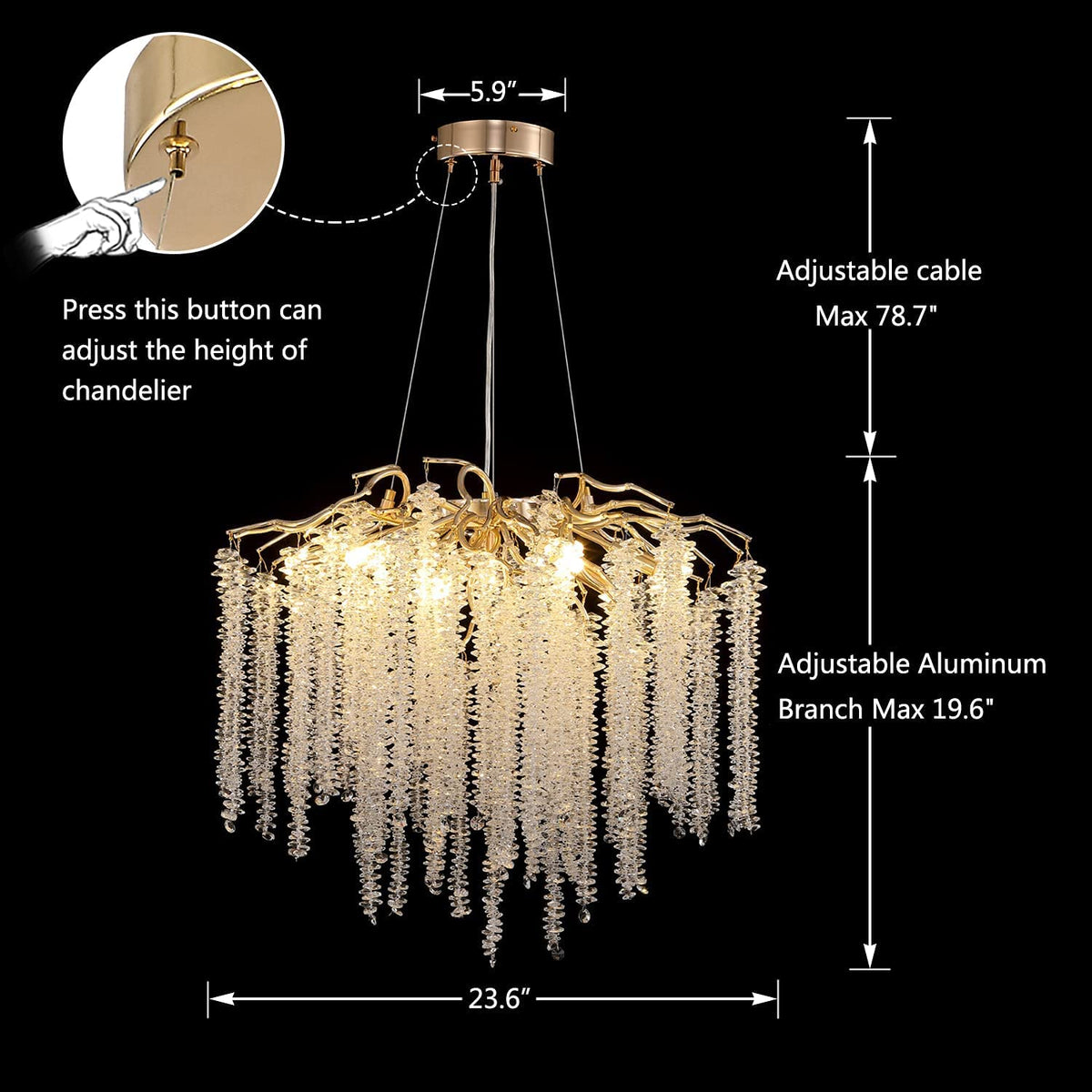 Elegant Crystal Icicle Chandelier in Branch Style for Dining Table Use - Round D59.1"/16 LightsChromeWarm Lightcasivra