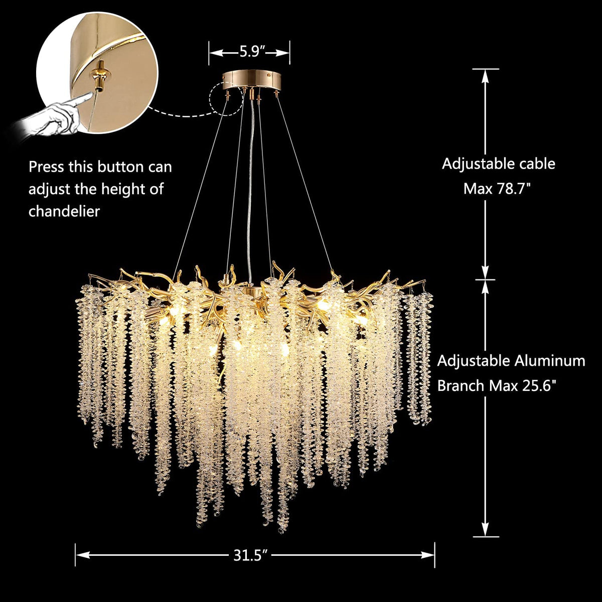 Elegant Crystal Icicle Chandelier in Branch Style for Dining Table Use - Round D59.1"/16 LightsChromeWarm Lightcasivra