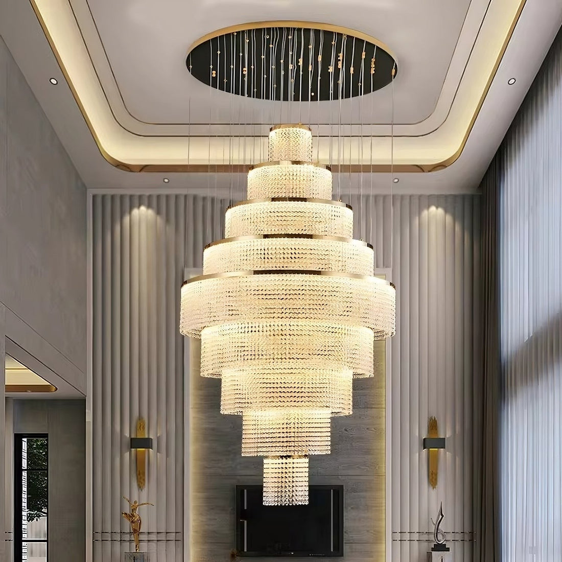 Alleri long crystal staircase chandelier in a grand stairwell