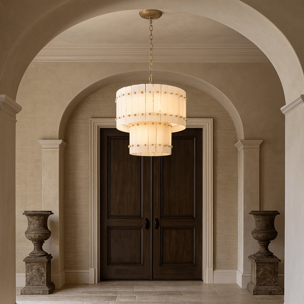 Detail of marble tiers on the Valmont 23-inch chandelier