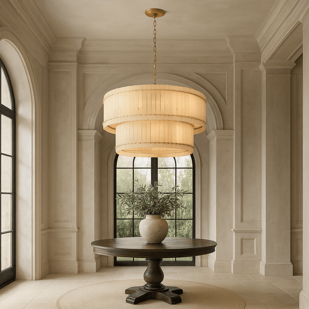 Detail of glowing marble panels on the Valmont chandelier