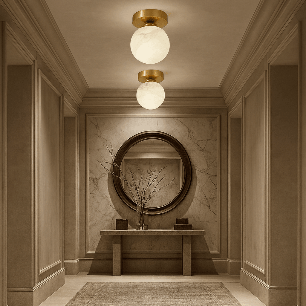 Soria marble flush mount glowing on a ceiling