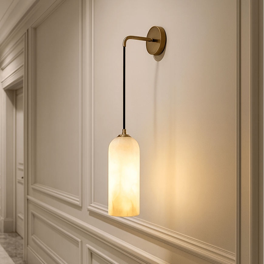 Mirasol natural Spanish marble wall sconce with brass accents