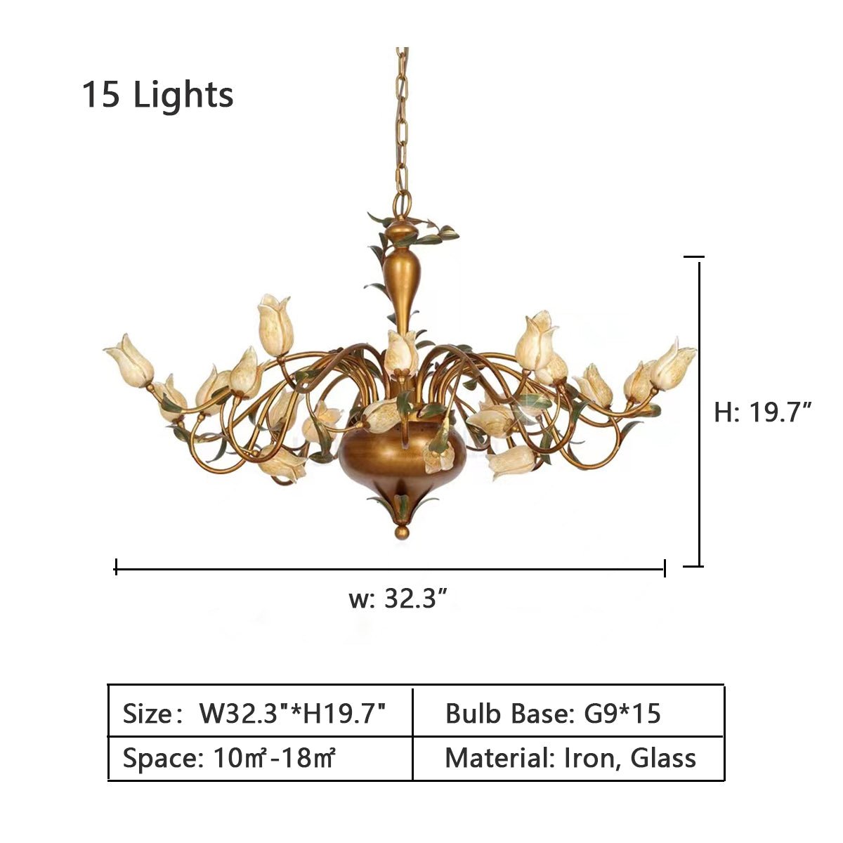 European Country Style Creative Beautiful Vintage Tulip Flower Chandelier for Dining Room Bedroom Living Room Kids Room - W32.28‘’*H19.69‘’/15 LightsWarm Lightcasivra