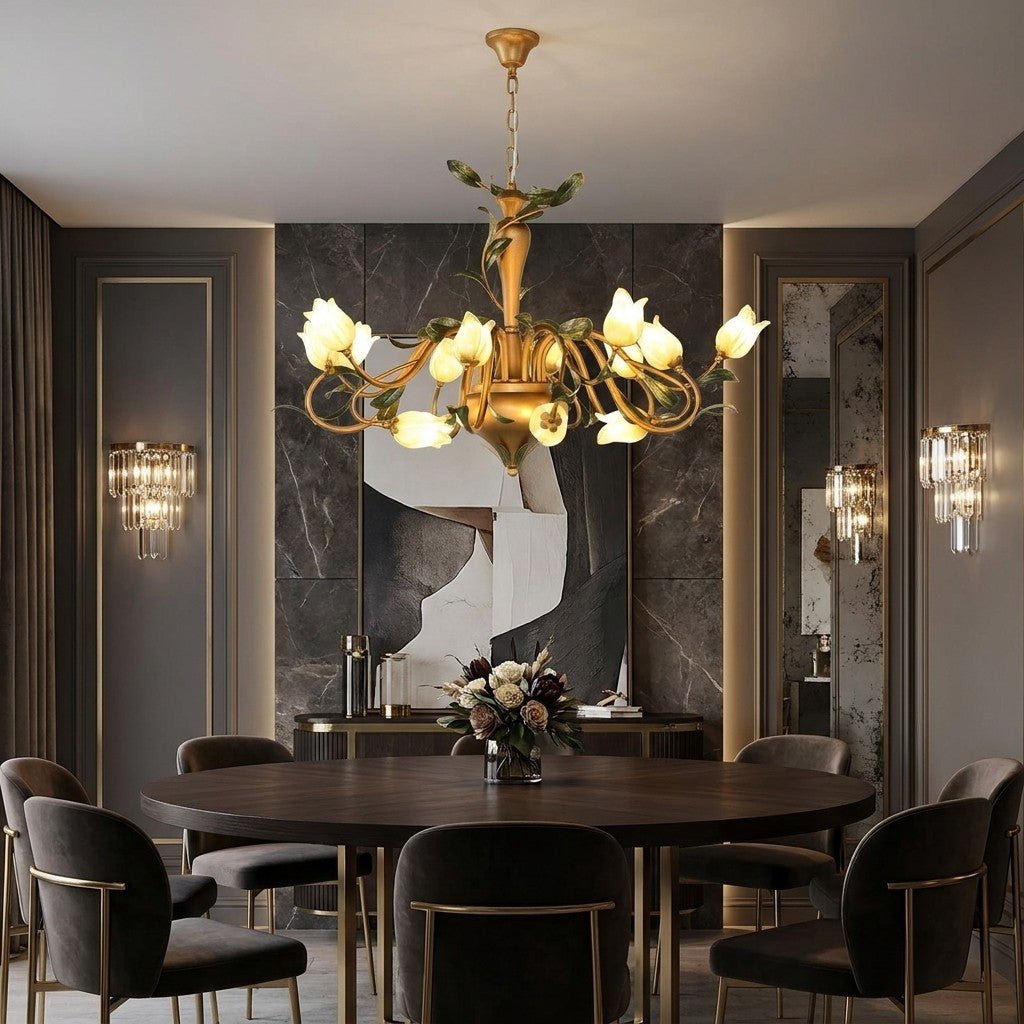 European Country Style Creative Beautiful Vintage Tulip Flower Chandelier for Dining Room Bedroom Living Room Kids Room - W32.28‘’*H19.69‘’/15 LightsWarm Lightcasivra