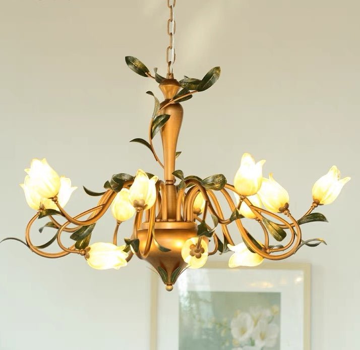 European Country Style Creative Beautiful Vintage Tulip Flower Chandelier for Dining Room Bedroom Living Room Kids Room - W32.28‘’*H19.69‘’/15 LightsWarm Lightcasivra