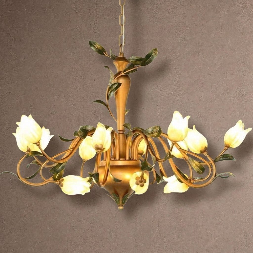European Country Style Creative Beautiful Vintage Tulip Flower Chandelier for Dining Room Bedroom Living Room Kids Room - W32.28‘’*H19.69‘’/15 LightsWarm Lightcasivra