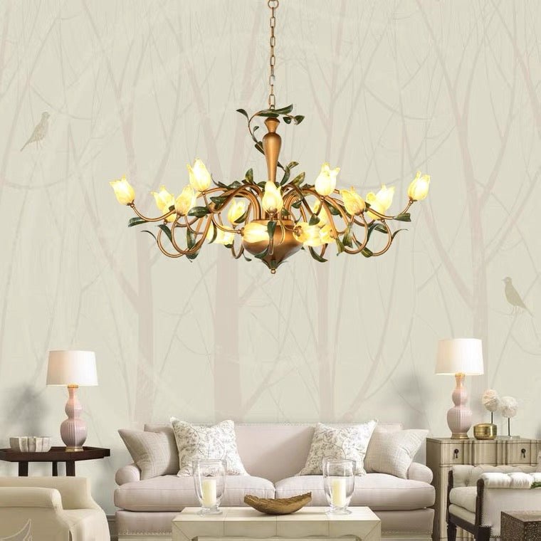European Country Style Creative Beautiful Vintage Tulip Flower Chandelier for Dining Room Bedroom Living Room Kids Room - W32.28‘’*H19.69‘’/15 LightsWarm Lightcasivra