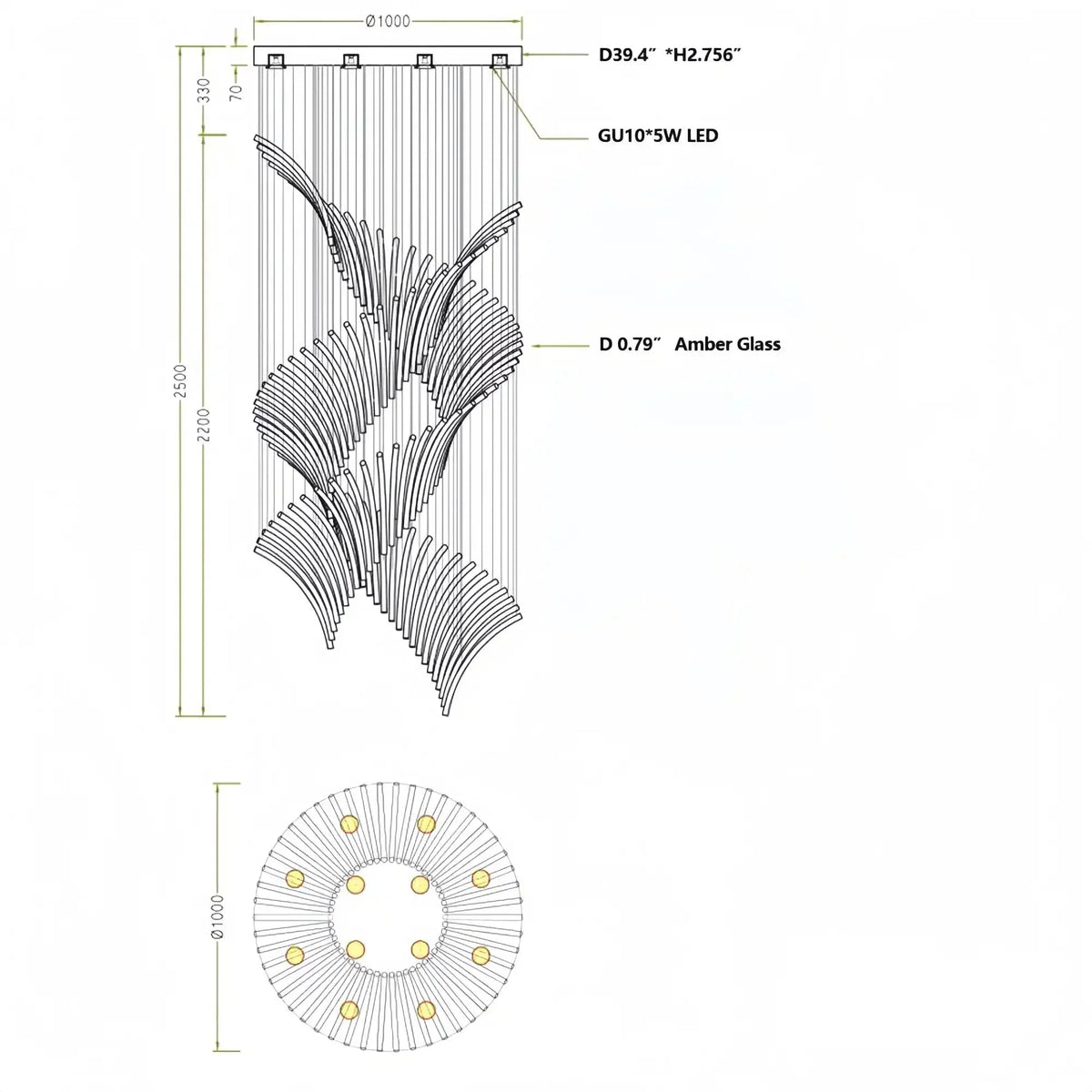 European Style Spiral Glass Chandelier for Staircase/Foyer/Hotel/Villa - D23.6"*H70.9"Warm Lightcasivra