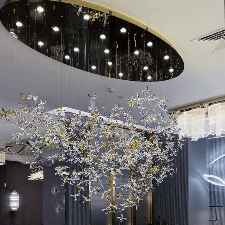 Exquisite Crystal Flower Branch Chandelier for Hotel Foyer and Entryway Ceiling Lighting Fixture - L47.2" * W17.7" * H47.2"/23.3kgChrome Branches+Chrome CanopyWarm Lightcasivra