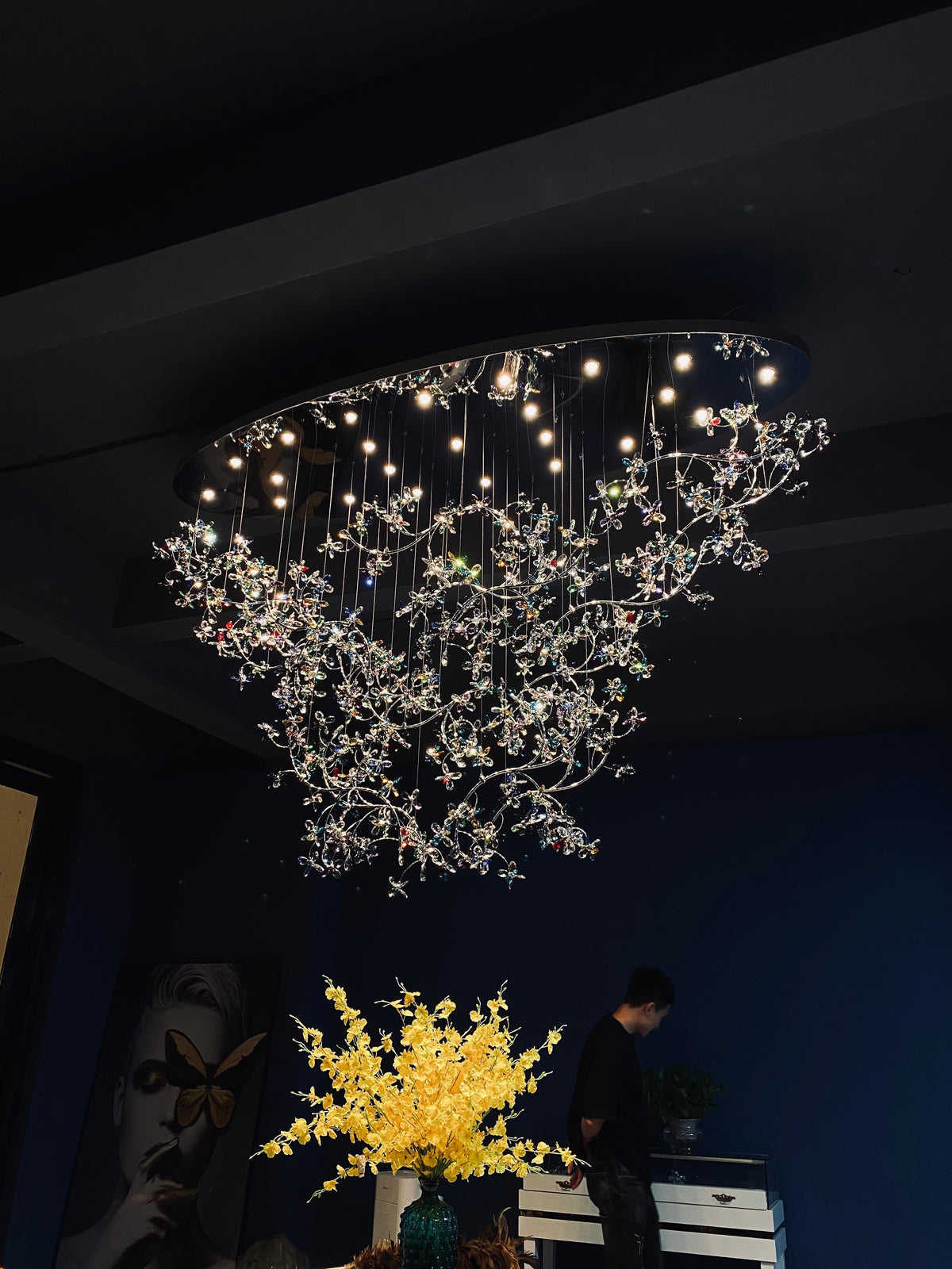 Exquisite Crystal Flower Branch Chandelier for Hotel Foyer and Entryway Ceiling Lighting Fixture - L47.2" * W17.7" * H47.2"/23.3kgChrome Branches+Chrome CanopyWarm Lightcasivra