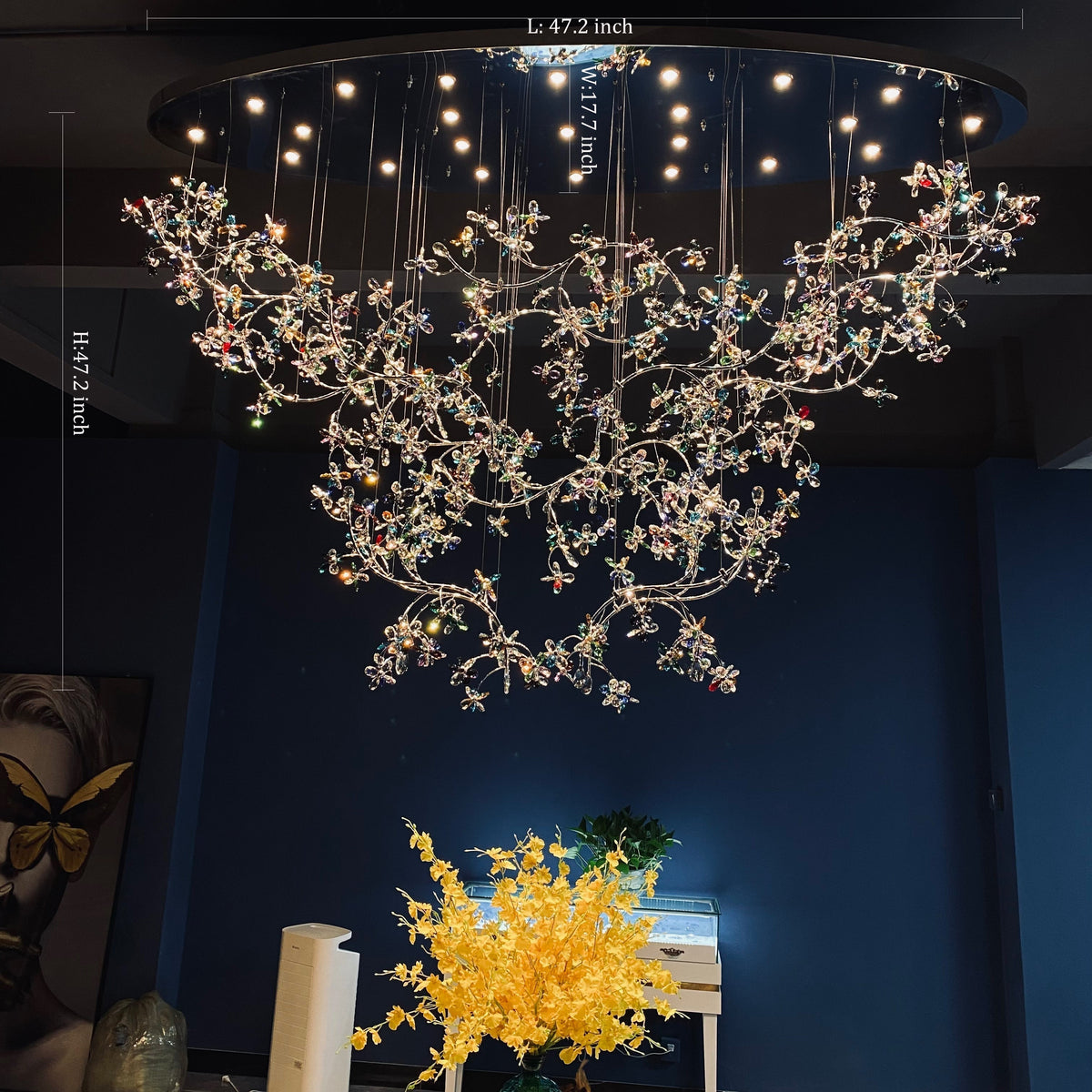 Exquisite Crystal Flower Branch Chandelier for Hotel Foyer and Entryway Ceiling Lighting Fixture - L47.2" * W17.7" * H47.2"/23.3kgChrome Branches+Chrome CanopyWarm Lightcasivra