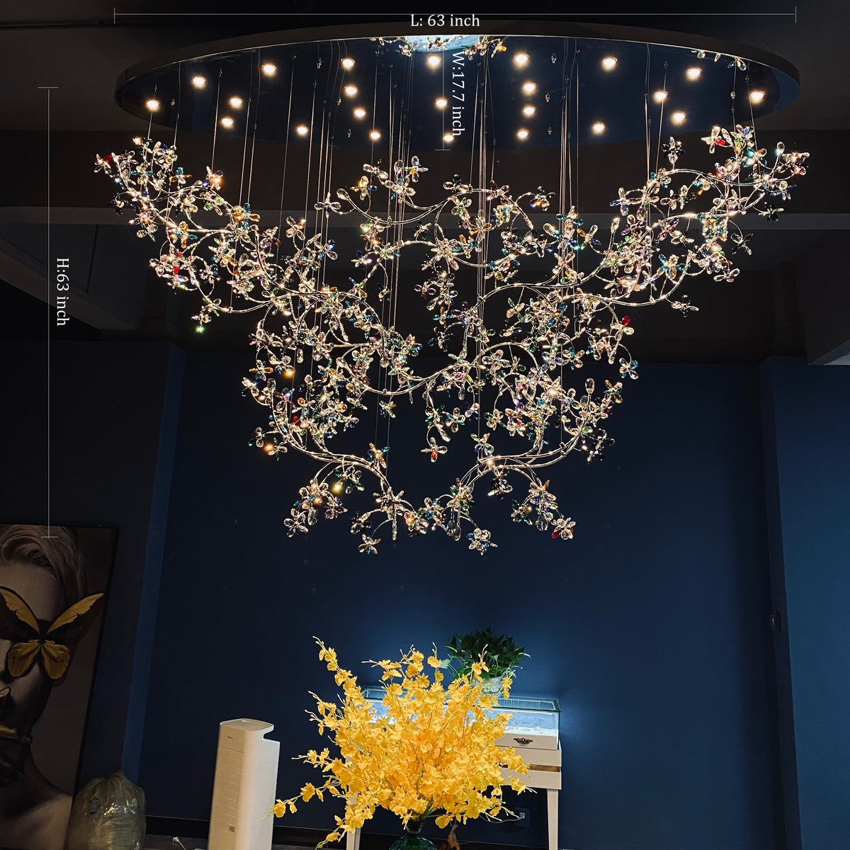 Exquisite Crystal Flower Branch Chandelier for Hotel Foyer and Entryway Ceiling Lighting Fixture - L63" * W17.7" * H63"Chrome Branches+Chrome CanopyWarm Lightcasivra
