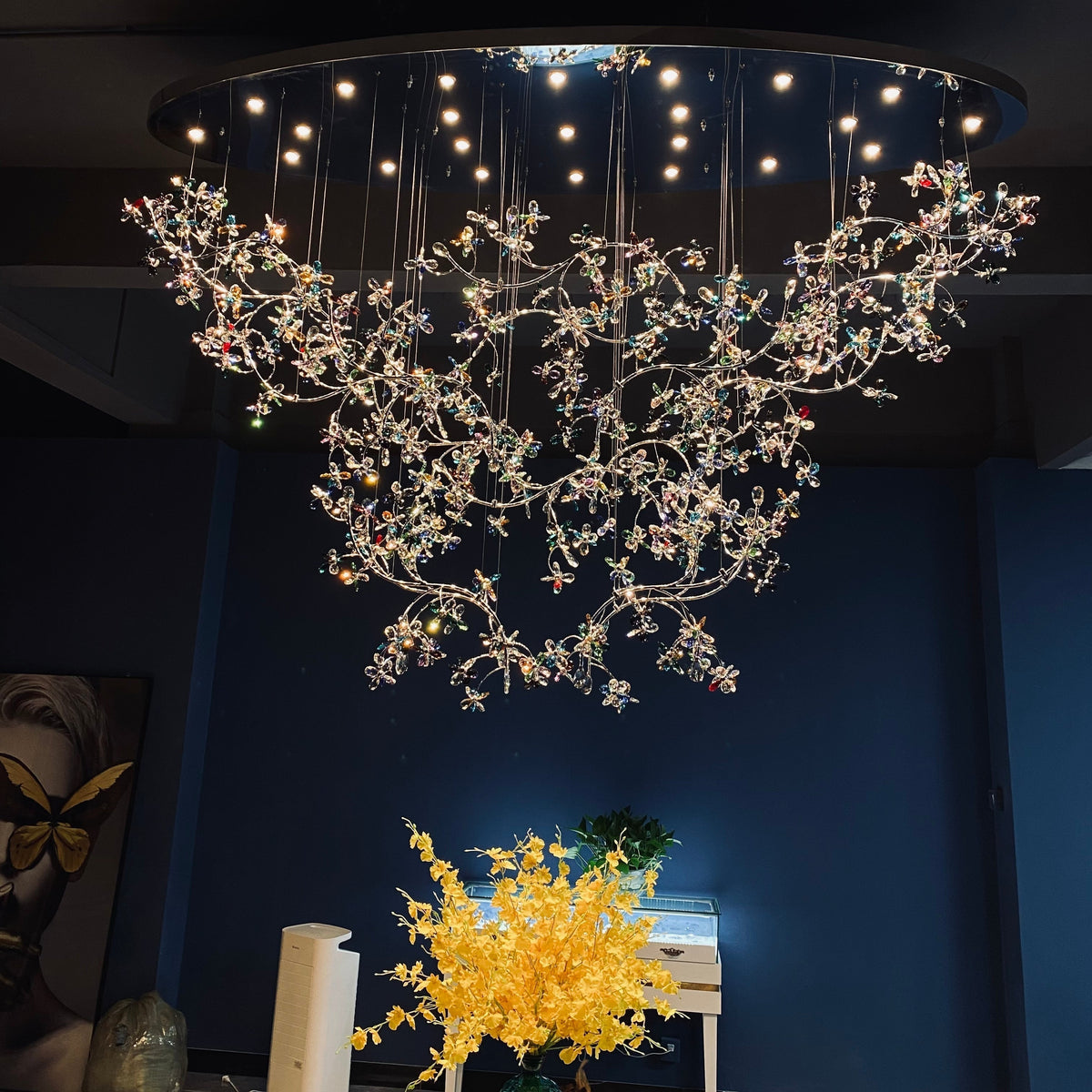 Exquisite Crystal Flower Branch Chandelier for Hotel Foyer and Entryway Ceiling Lighting Fixture - L47.2" * W17.7" * H47.2"/23.3kgChrome Branches+Chrome CanopyWarm Lightcasivra