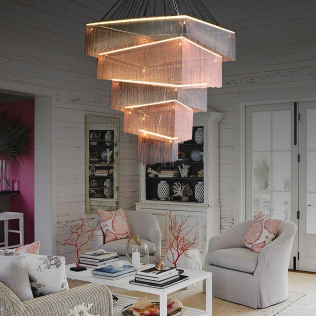 Extra Large Art Multi - tier Aluminum Chain Tassel Chandelier for High - Ceiling Room - L31.5"*W31.5"H63.0"PinkWarm Lightcasivra