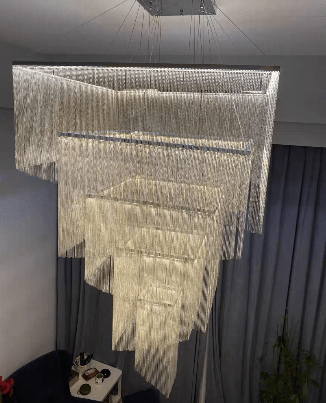 Extra Large Art Multi - tier Aluminum Chain Tassel Chandelier for High - Ceiling Room - L47.2"*W47.2"H78.7"ChromeWhite Lightcasivra