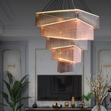 Extra Large Art Multi - tier Aluminum Chain Tassel Chandelier for High - Ceiling Room - L31.5"*W31.5"H63.0"ChromeWarm Lightcasivra