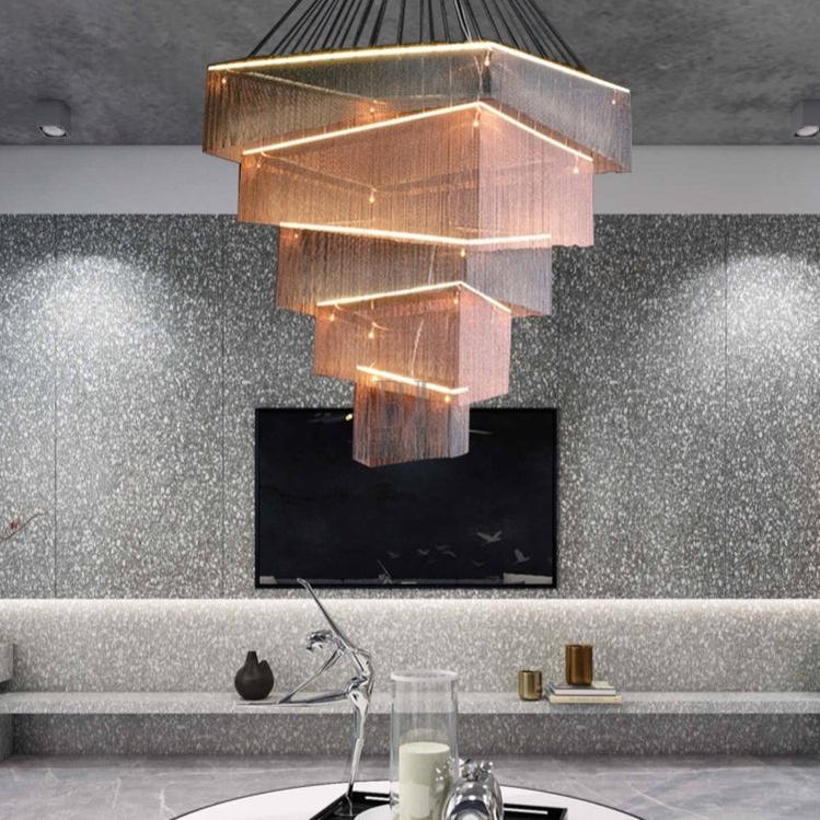 Extra Large Art Multi - tier Aluminum Chain Tassel Chandelier for High - Ceiling Room - L47.2"*W47.2"H78.7"PinkWarm Lightcasivra