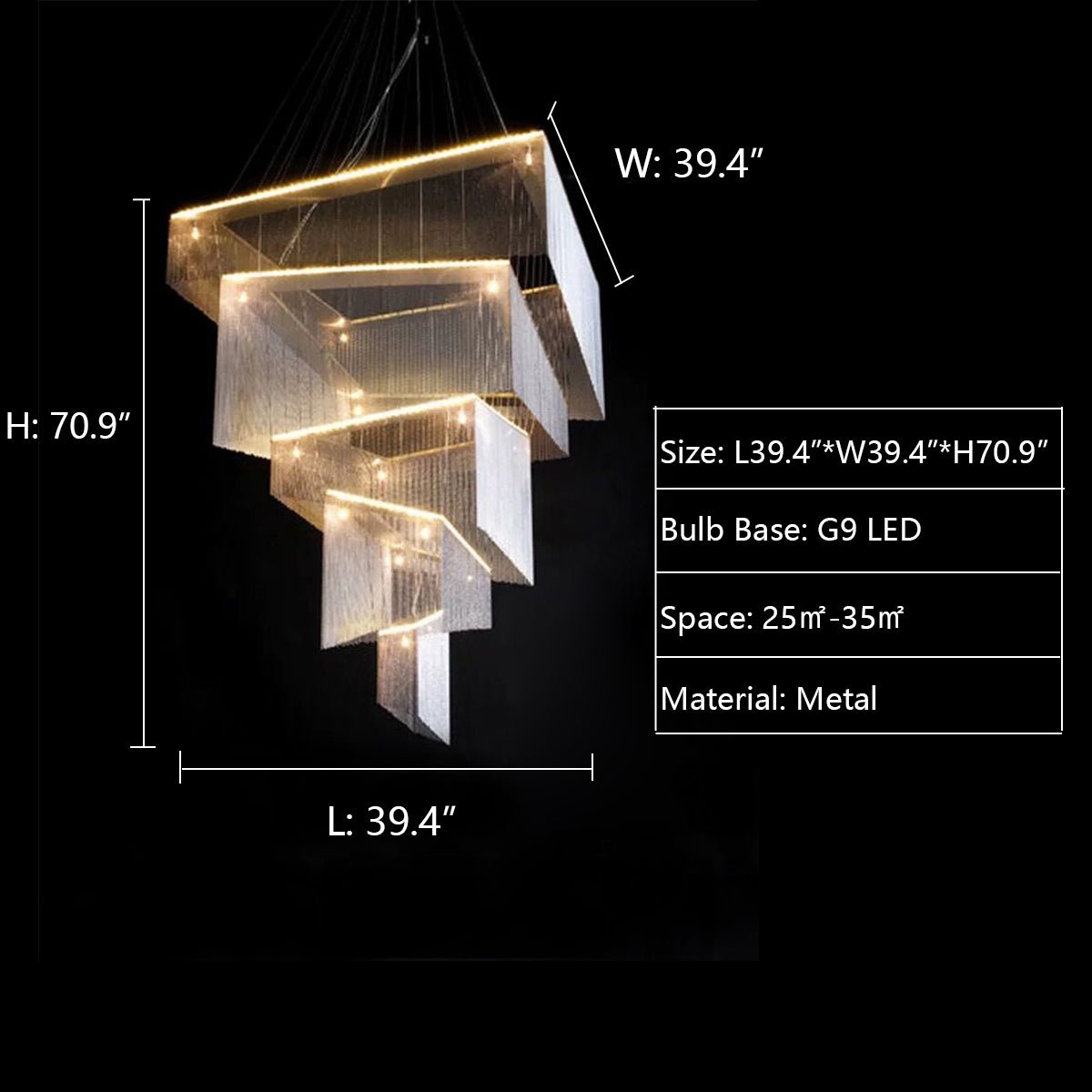 Extra Large Art Multi - tier Aluminum Chain Tassel Chandelier for High - Ceiling Room - L47.2"*W47.2"H78.7"ChromeWhite Lightcasivra