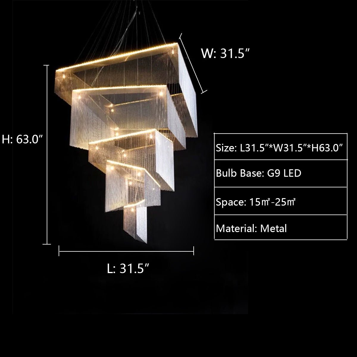Extra Large Art Multi - tier Aluminum Chain Tassel Chandelier for High - Ceiling Room - L47.2"*W47.2"H78.7"ChromeWhite Lightcasivra