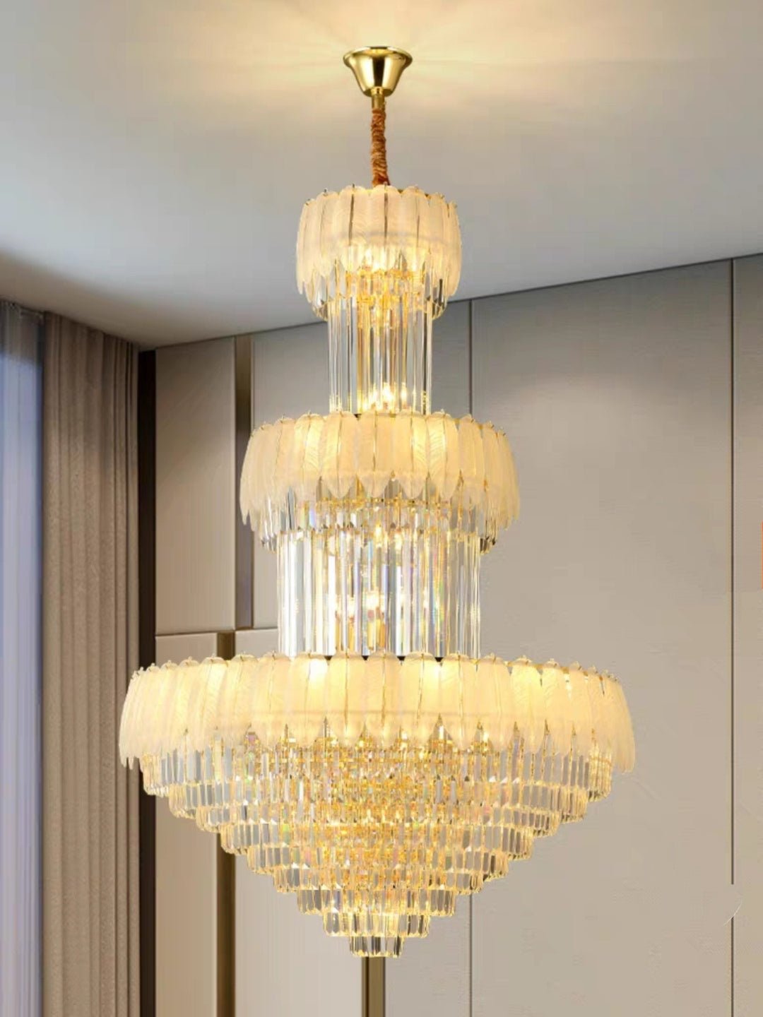 Extra Large Crystal Feather Style Chandelier Long Foyer Staircase Ceiling Lighting Fixture For Living Room - D39.4"*H59.1"casivra