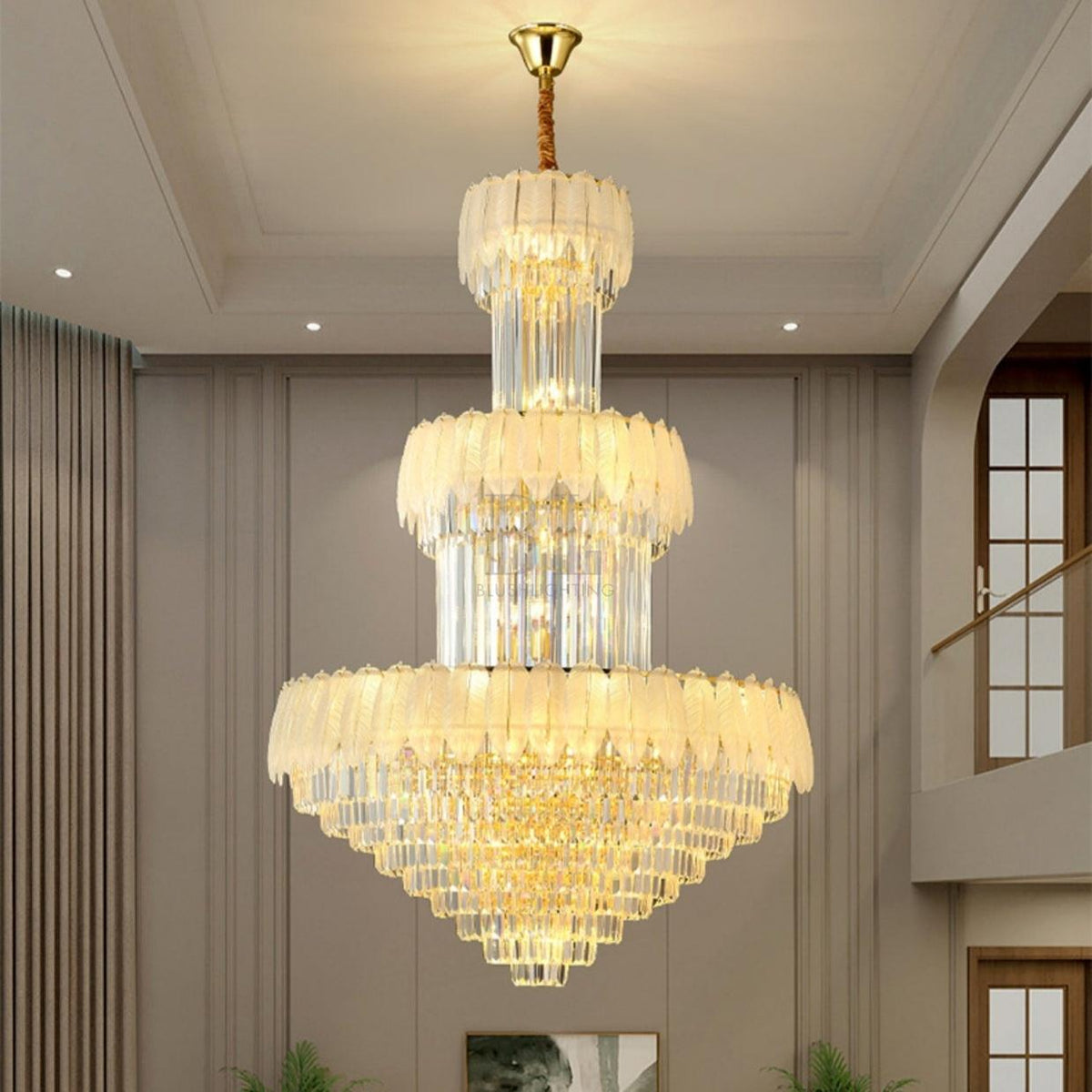 Extra Large Crystal Feather Style Chandelier Long Foyer Staircase Ceiling Lighting Fixture For Living Room - D39.4"*H59.1"casivra