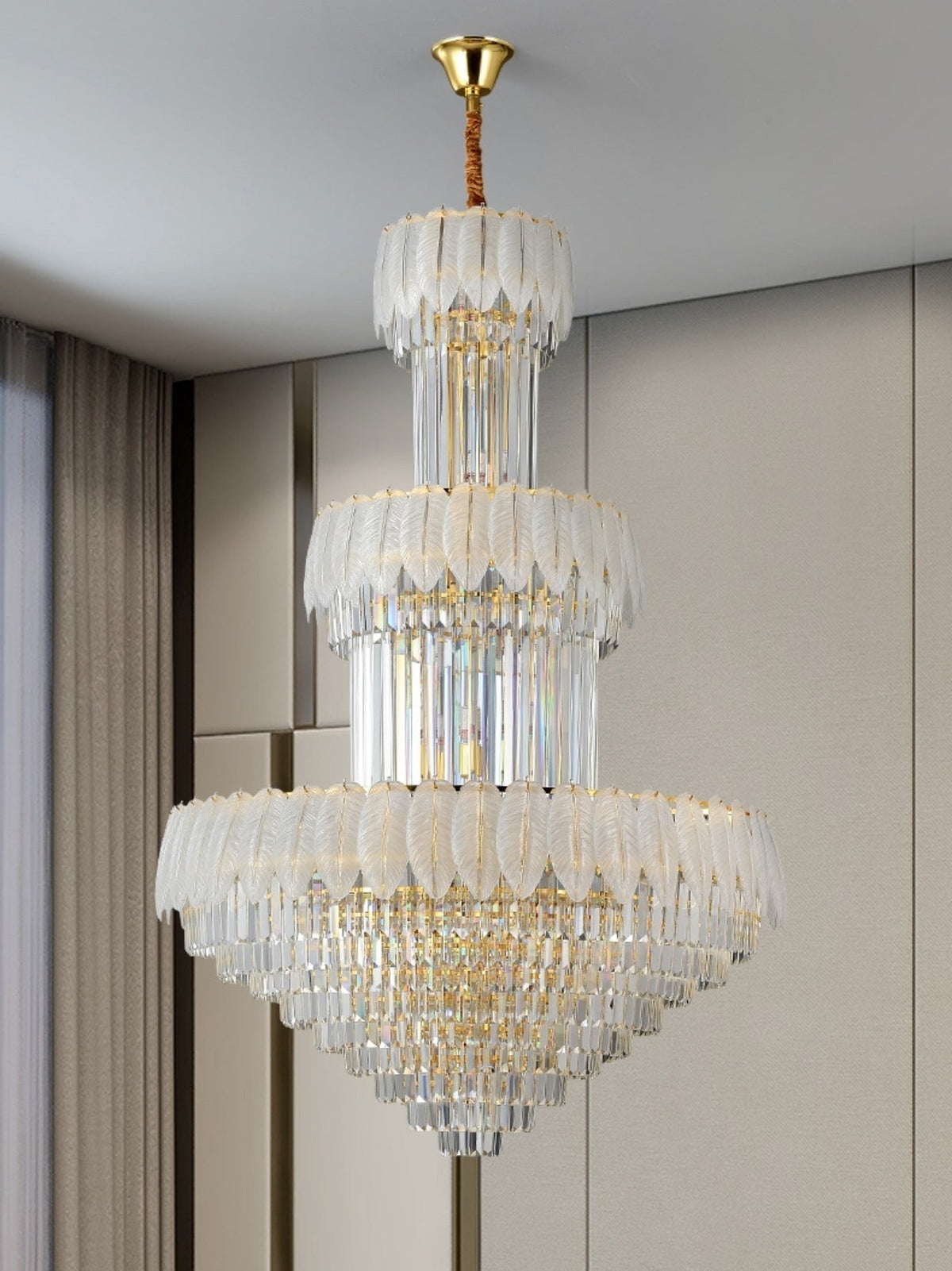 Extra Large Crystal Feather Style Chandelier Long Foyer Staircase Ceiling Lighting Fixture For Living Room - D39.4"*H59.1"casivra