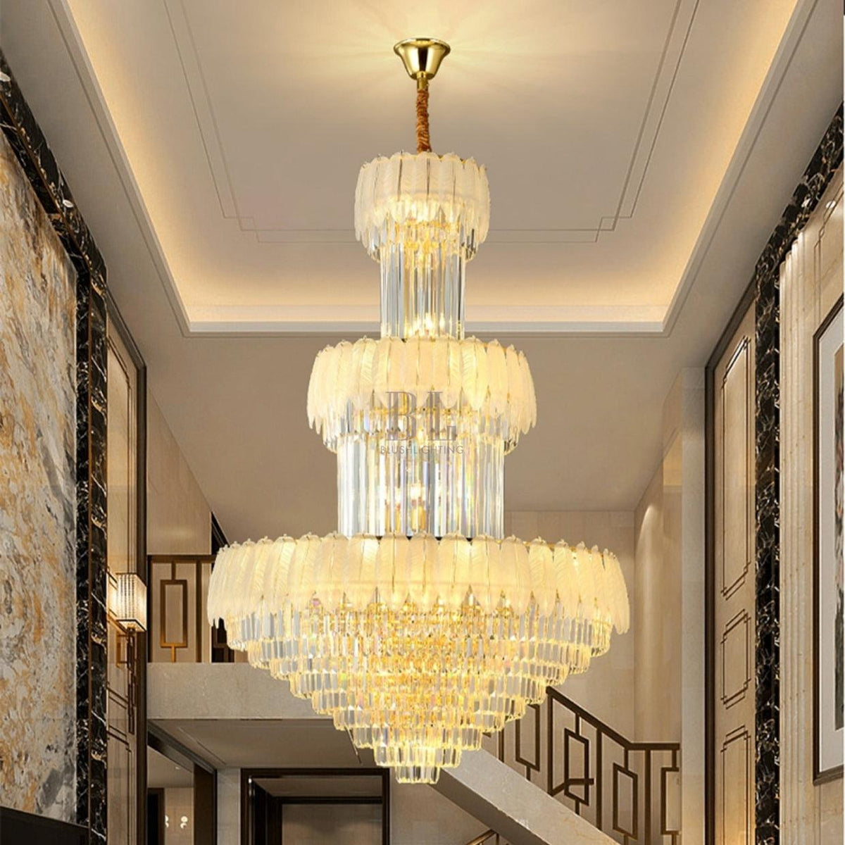 Extra Large Crystal Feather Style Chandelier Long Foyer Staircase Ceiling Lighting Fixture For Living Room - D39.4"*H59.1"casivra