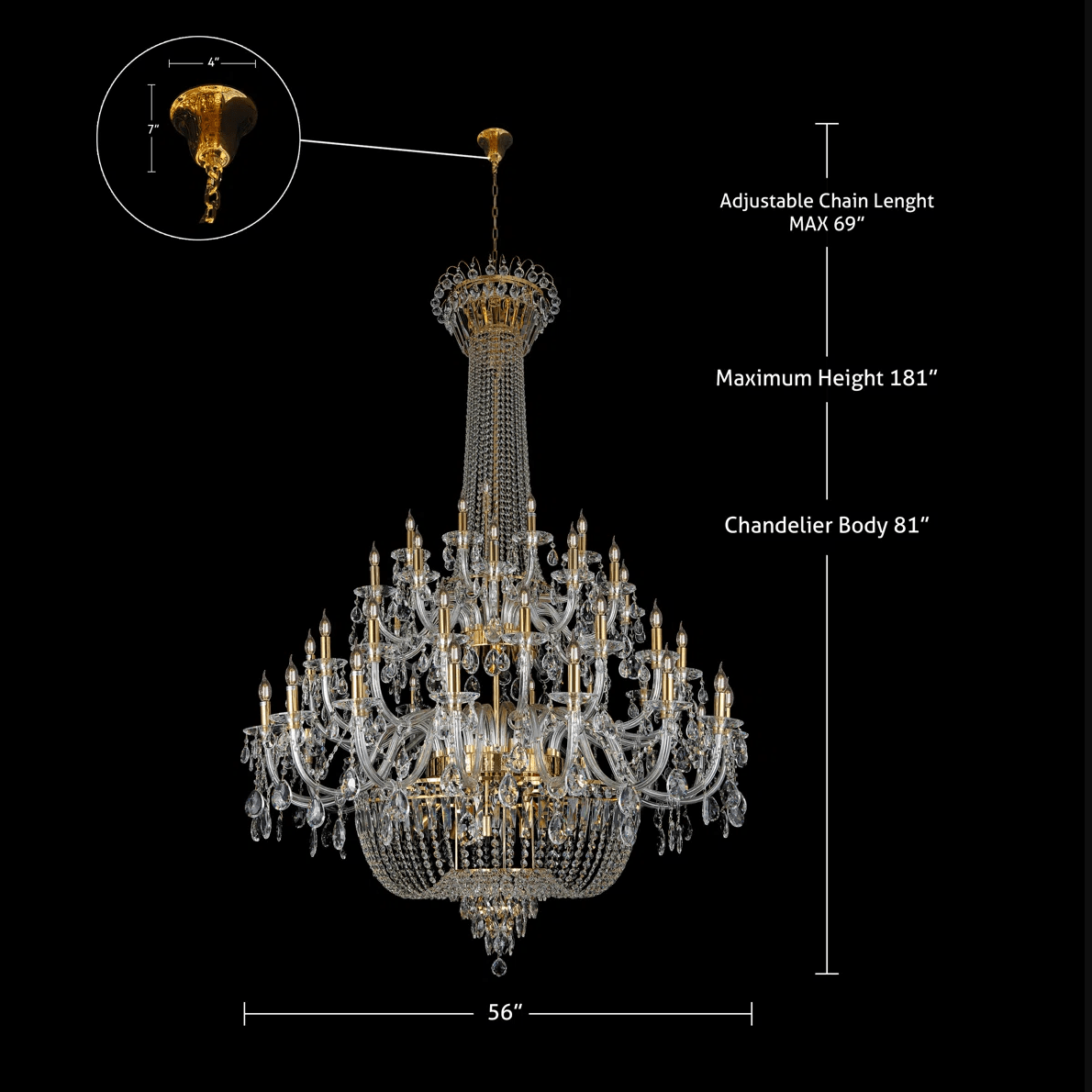 Extra Large European-style Multi-layers Candle Luxury Crystal Chandelier Gold Art Foyer/Staircase Decorative Light Fixture - 4 Layers /52+10 Lights/D57.1"*H78.7"(D145cm*H200cm)/120kgChromeWarm Lightcasivra